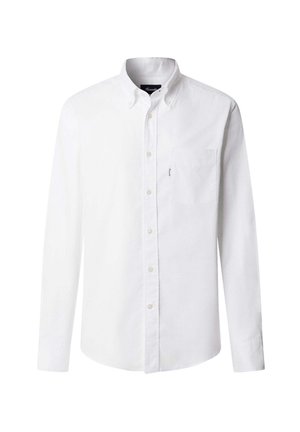 Camicia bianca a maniche lunghe con bottoni, realizzata in cotone, caratterizzata da un colletto con bottoni e una tasca sul petto, con una leggera texture.