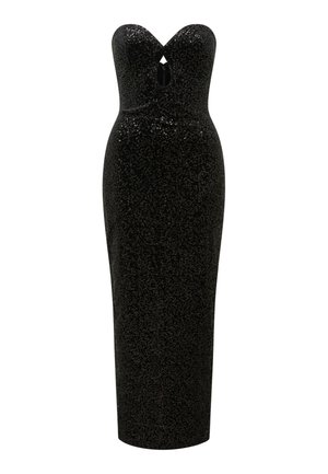 Pánt nélküli, földig érő fekete flitteres ruhaköntös szív alakú nyakkivágással és apró kulcskarikával a mellrészen.