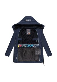 Veste isolée bleu marine avec une doublure matelassée, capuche ajustable et motifs intérieurs colorés. Comprend plusieurs poches et fermetures éclair.