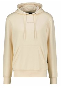 Sweatshirt couleur crème avec une capuche à cordon de serrage, une poche kangourou, des poignets et un ourlet côtelés. Le tissu doux présente un logo discret sur le devant.