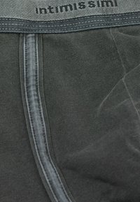 Szare męskie majtki z elastycznym pasem w czarny tekst marki, gładki materiał oraz kontrastowe przeszycia wzdłuż szwów.