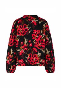 Bloemige bomberjack met een zwarte achtergrond, voorzien van grote rode en beige bloemen, elastische cuffs en een ontspannen pasvorm.