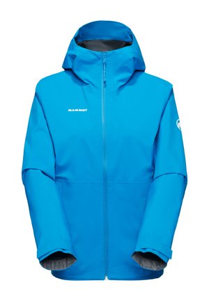 Blaue wasserdichte Jacke mit hohem Kragen und verstellbarer Kapuze, ausgestattet mit einem Frontreißverschluss und elastischen Bündchen. Atmungsaktives Material.