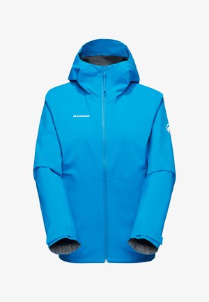 Blaue wasserdichte Jacke mit hohem Kragen und verstellbarer Kapuze, ausgestattet mit einem Frontreißverschluss und elastischen Bündchen. Atmungsaktives Material.
