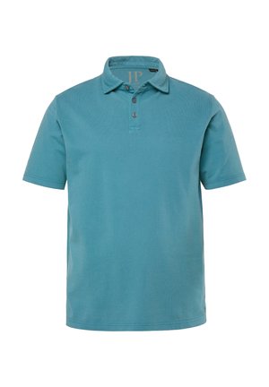 Turquoise polo shirt made of textured cotton, featuring a classic collar, three-button placket, and embroidered logo on the neckline.