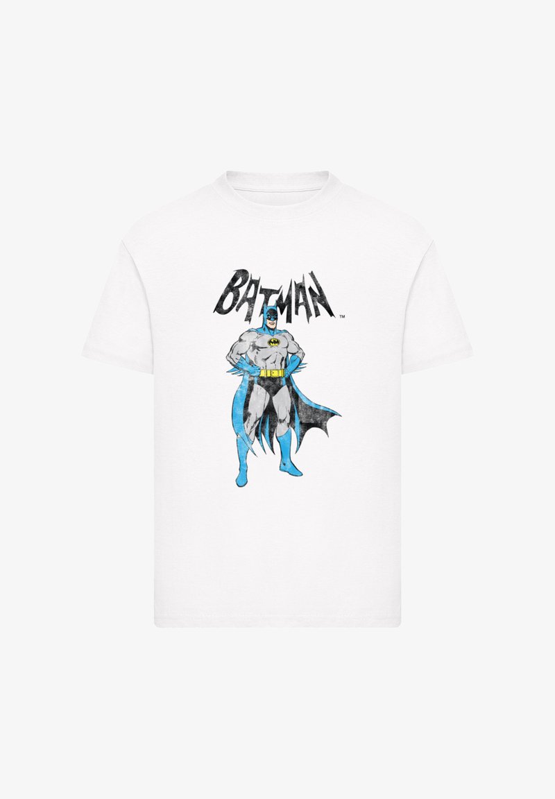 White t-shirt featuring a graphic of Batman in blue and gray, with the text "BATMAN" above in stylized black lettering.