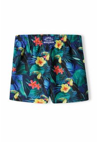 Bañador negro con un vibrante estampado tropical que presenta tucanes y flores de hibisco. Cintura elástica con detalle de parche del logo.