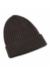 Beanie lavorato a maglia marrone scuro con una texture a costine e risvolto. Il design presenta sottili dettagli di lavorazione a treccia nella sezione superiore.