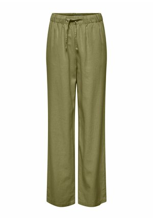 Pantalons larges en vert olive, fabriqués en tissu doux. Ils disposent d'une taille élastique avec un cordon de serrage pour un ajustement parfait. Texture lisse.
