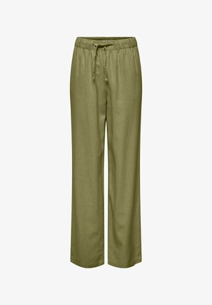 Olivenfargede bukser med vid ben som er laget av mykt stoff. Har elastisk midje med snor for justerbar passform. Glatt tekstur.