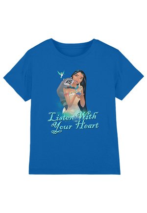 Blue cotton t-shirt featuring a character illustration, text "Listen With Your Heart," and accents of a hummingbird and raccoon.