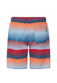 Heren zwemshorts met een horizontale gradient van rode, oranje, blauwe en lichtblauwe strepen, met een elastische tailleband en achterzak.