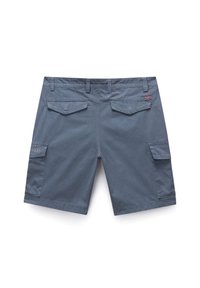 Gray cargo shorts made of lightweight material, featuring two back pockets and side cargo pocket, with subtle logo detail on the side.