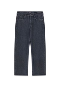 Donkere denim wijde broekspijpen jeans met een taille die tot halverwege de heupen reikt, voorzakken en opvallende stiksel details, plat gepresenteerd tegen een witte achtergrond.