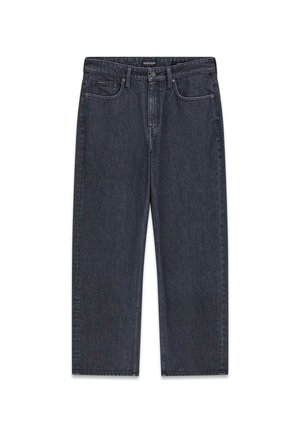 Dark denim wide-leg jeans featuring a mid-rise waist, front pockets, and distinct stitching details, presented flat against a white background.
