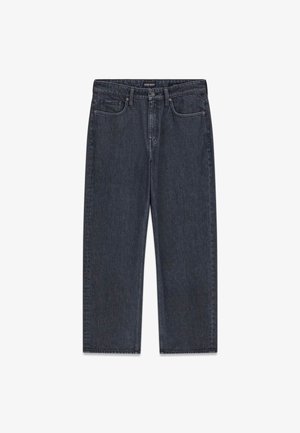 Dark denim wide-leg jeans featuring a mid-rise waist, front pockets, and distinct stitching details, presented flat against a white background.