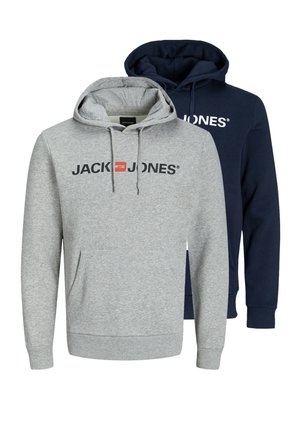 Due felpe con cappuccio da uomo, una grigio chiaro e una blu navy, entrambe con il logo "JACK & JONES" sul petto.