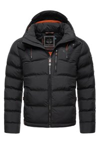 Schwarze Steppjacke mit Kapuze, mit einem durchgehenden Reißverschluss, zwei seitlichen Taschen und einem inneren orangefarbenen Futter. Hat ein gesticktes Muster und Logodetails.