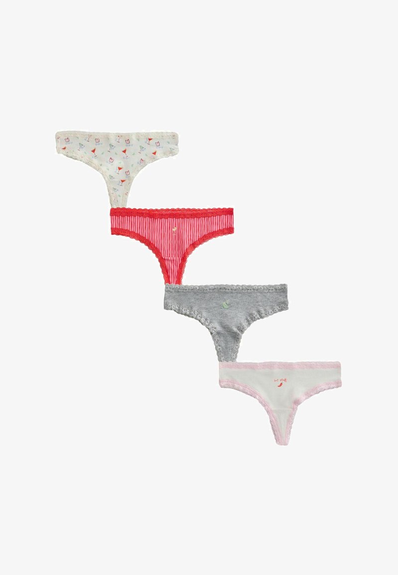 Quatre tangas pour femmes bordés de dentelle : blanc avec imprimés cocktails, rouge rayé, gris avec détail feuille, et blanc avec bordure rose et motif piment.