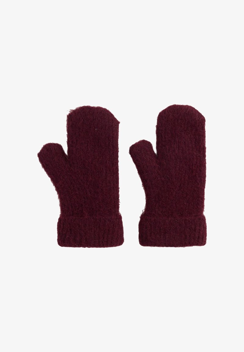 Burgundy wool mittens with a soft, textured finish and ribbed cuffs feature a traditional design with a separate thumb section.