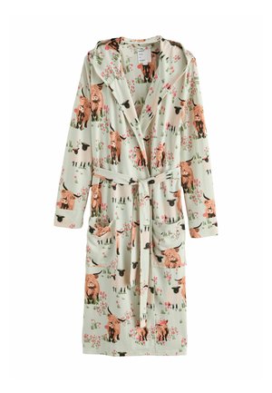 Light green bathrobe with hood, belt, and pockets, featuring a pattern of brown highland cows and pink flowers.