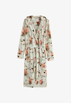 Heleroheline hommikumantel kapuutsi, vöö ja taskutega, millel on pruunide Highlandi lehmade ja roosade lillede muster.