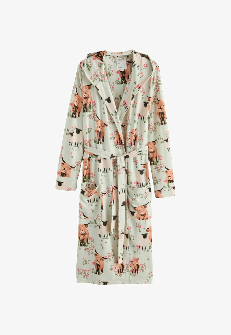 Peignoir vert clair avec capuche, ceinture et poches, décoré d’un motif de vaches des Highlands marron et de fleurs roses.