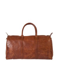 Brown leather duffel bag with a smooth texture, rounded handles, two side straps, and a zipper closure. Features minimalist design and brass hardware.