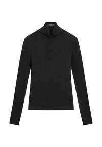 Maglietta nera a maniche lunghe realizzata in materiale morbido, con un design a collo alto e una silhouette aderente. Nessun motivo visibile o dettagli hardware.