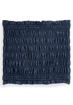 Ciemnoniebieska, elastyczna tkanina w formie tuby z marszczoną, marszczoną teksturą i falbankowymi brzegami, prawdopodobnie spódnica lub top w formie tuby.