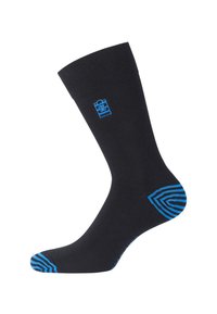 Chaussettes noires avec un bord-côte, accents bleus au niveau du talon et des orteils. Présente un motif de logo bleu près du haut. Fabriquées en tissu doux.