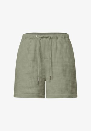 Helle olivgrüne Shorts aus strukturiertem Stoff, mit einem elastischen Bund und verstellbarem Kordelzug sowie metallischen Akzenten.