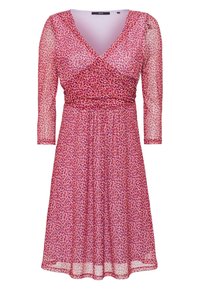 Robe à enveloppe rose avec de longues manches transparentes, ornée d'un motif de feuilles dans des teintes plus foncées. Tissu doux, décolleté en V et détail de taille froncée.