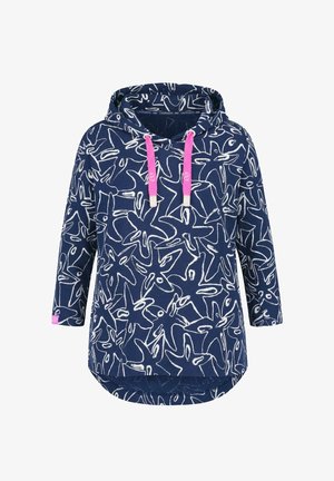 Námořnicky modrá mikina s kapucí s bílým abstraktním vzorem hvězdice, růžovými šňůrkami a tříčtvrtečními rukávy, se mírně prodlouženým zadním lemem.