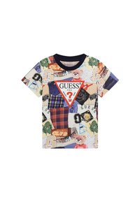 T-shirt à manches courtes en coton, présentant un design patchwork coloré avec des logos, un motif tartan et un graphique d'ours en peluche. Col marine.