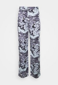 Luźne spodnie z szerokimi nogawkami w wielokolorowy, abstrakcyjny wzór w kolorze czarnym, purpurowym i jasnoniebieskim, o gładkiej fakturze i wysokim stanie.