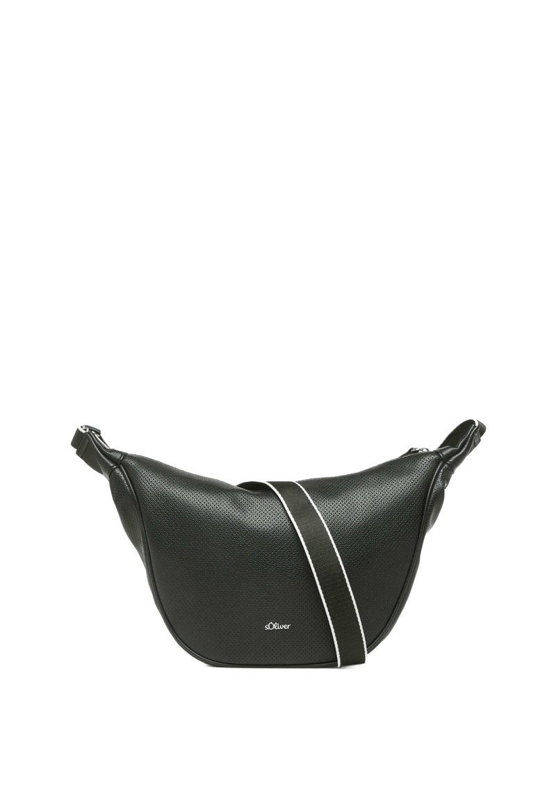 Schwarze Ledertaschen mit Textur, gebogener Form und einem kontrastierenden weißen Streifen am Riemen. Markenlogo dezent platziert.