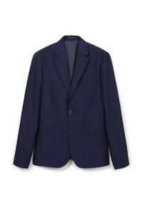 Blazer blu navy con tessuto testurizzato, design monopetto, due tasche anteriori e due bottoni. Vestibilità sartoriale con revers a punta.