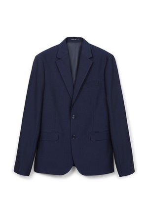 Marineblauer Blazer aus strukturiertem Stoff, einreihiges Design, zwei Fronttaschen und zwei Knöpfe. Taillierter Schnitt mit Reverskragen.