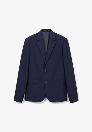 Marineblauer Blazer aus strukturiertem Stoff, einreihiges Design, zwei Fronttaschen und zwei Knöpfe. Taillierter Schnitt mit Reverskragen.
