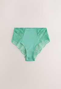 Lenjerie de damă verde mentă cu panouri laterale din dantelă și față și spate solide, așezată plat pe o suprafață deschisă la culoare.