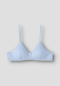 Light blue, triangle bralette with thin adjustable straps, soft fabric, scalloped edge along the bottom, and no underwire.