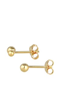 Gold stainless steel stud earrings with a minimalist design featuring two smooth spherical elements at each end and a straight post.