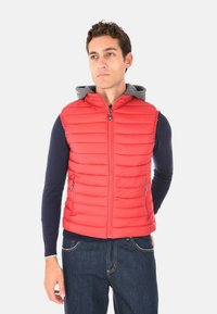 Giovane uomo che indossa un gilet trapuntato rosso con cappuccio grigio su una maglietta a maniche lunghe blu navy e jeans blu, in piedi su uno sfondo bianco.