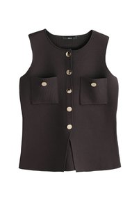 Gilet senza maniche di color marrone scuro con bottoni dorati, due tasche frontali, tessuto testurizzato e un dettaglio di spacco frontale per un tocco di stile in più.