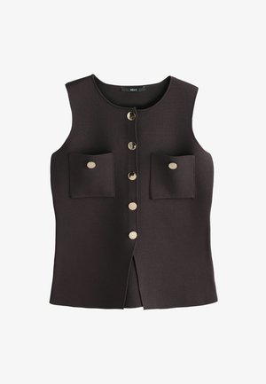Mouwloze donkerbruin vest met goudkleurige knopen, twee voorzakken, textuurstof en een voorste split voor extra stijl.