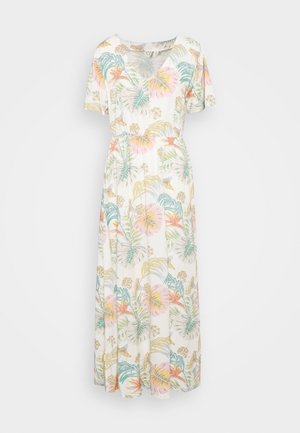 Maxikleid mit einem bunten Druck aus tropischen Blättern und Blumen auf hellem Hintergrund, mit kurzen Ärmeln und V-Ausschnitt.