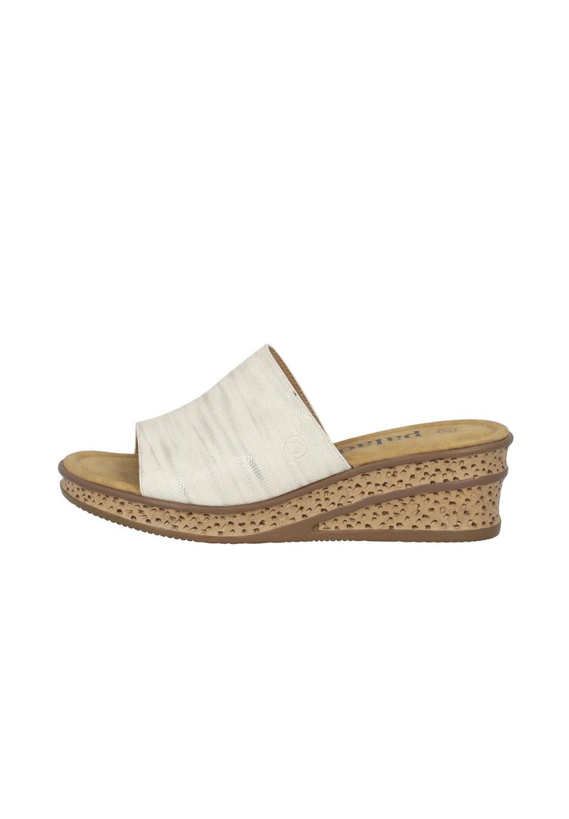 Light beige open-toe wedge sandal with a textured fabric upper, featuring a curved cork-like sole with ventilation holes.
