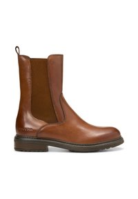 Bottine en cuir marron avec des panneaux latéraux élastiques, bout arrondi et tirette au talon. Finition texturée avec une semelle durable.