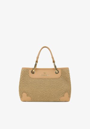 Borsa intrecciata beige con rifiniture in pelle, ferrature dorate, doppi manici e logo del marchio sul pannello frontale superiore.